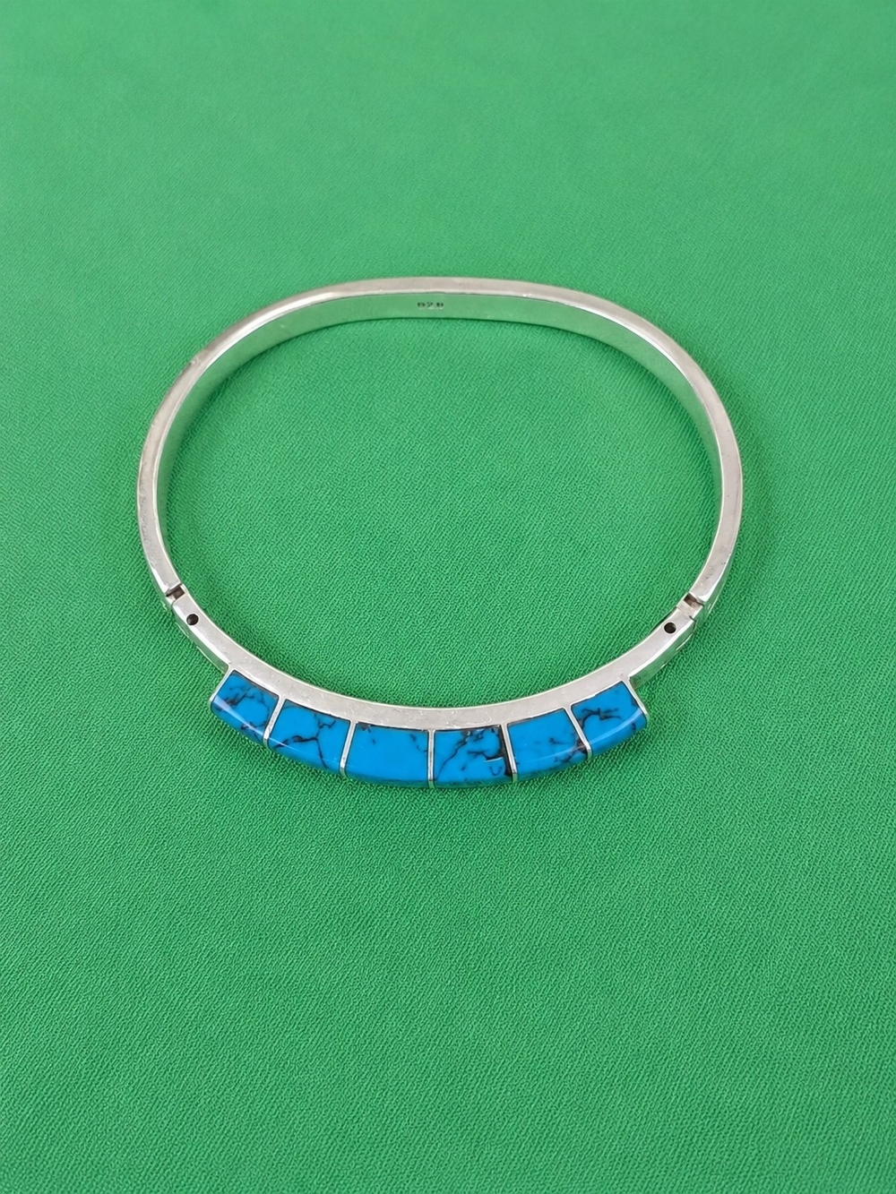 Vintage BJS John 925 Sterling Silver Turquoise Inlay Hinged Bangle Bracelet - Picture 4 of 10